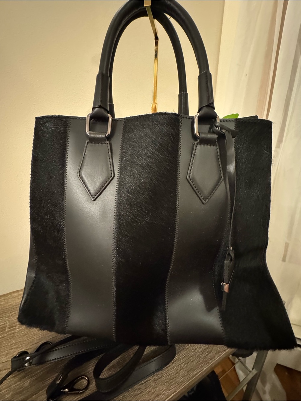 A. Bellucci Black Two-Tone Haircalf & Leather Tote Bag